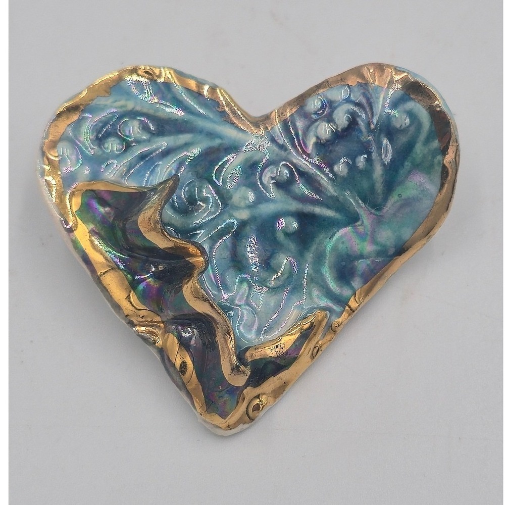 Unbranded Ceramic Heart Brooch Women OS Blue Iridescent Gold Trim Good Vintage